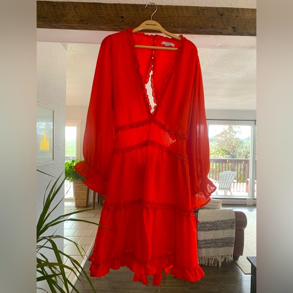 Favlux Women’s Red Ruffle Cut Out Back Dress Puff Sleeve Size L Preowned - Picture 1 of 12